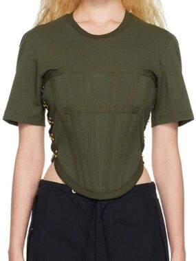 Dion Lee Olive Green Corset-Detail Short Sleeve Tee